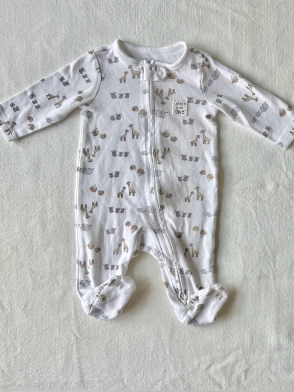 Carters Baby One-Piece Footed Zipper Romper in White with Animal Print 3M